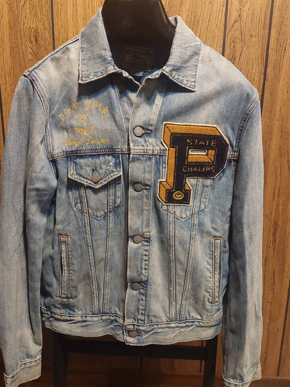 Polo by Ralph Lauren Denim Jacket with Varsity Patch NY Tigers Mens Small